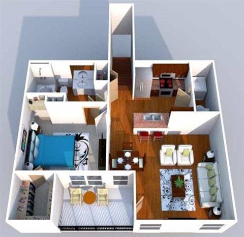 Floor plan for 1 bed, 1 bath, 837 sqft